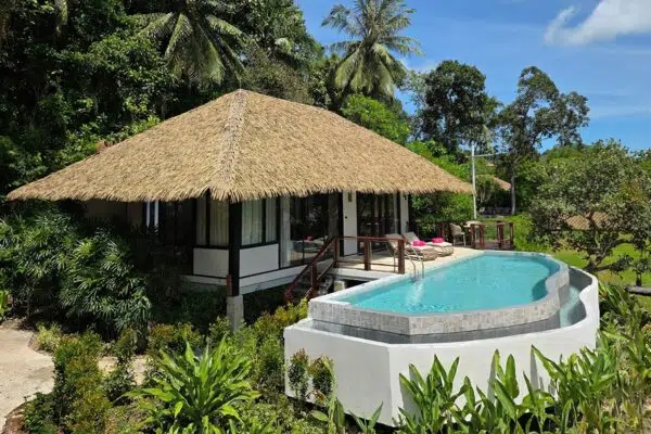 Strohgedeckte Villa mit eigenem Pool unter Palmen